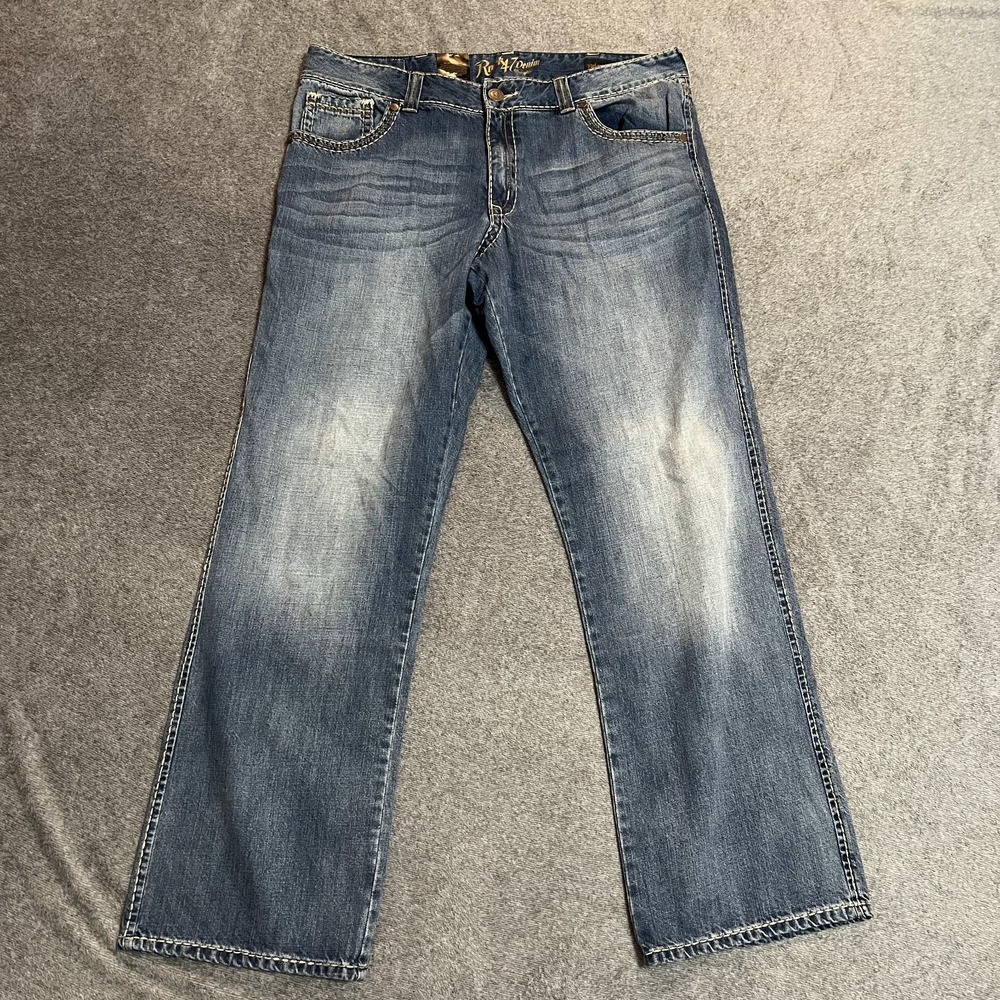 Wrangler Rock 47 Men's Relaxed Boot Fade Blue Denim Jeans Thick Stitch 40x34 NWT